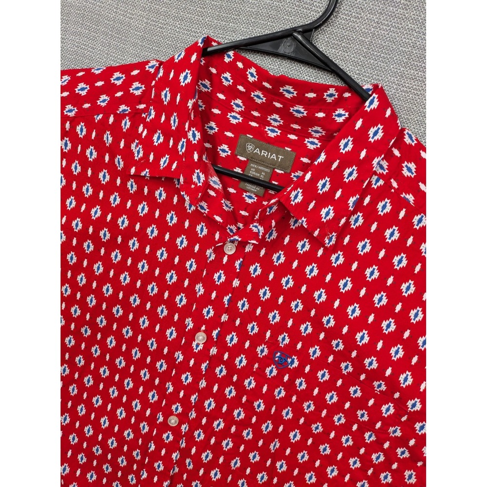 Ariat Shirt Mens XL Red Geometric Print Short Sleeve Western Cotton Button Up